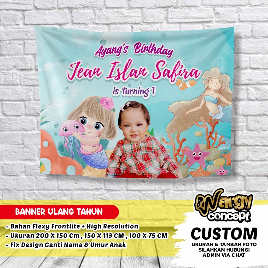 Spanduk Ulang Tahun, Banner, Background, TEMA MERMAID Free Desain Custom
