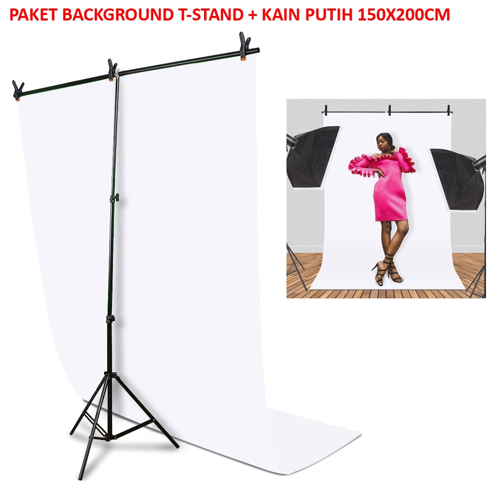 Paket Tiang dan Kain Background - Foto Produk - Live Streaming - Pas Photo - Tiang T Stand + KAIN