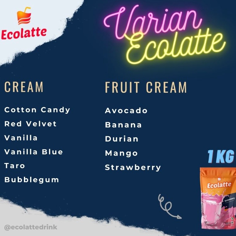 

Garansi Terbaik ECOLATTE 1KG VARIAN CREAM DAN FRUIT CREAM REBRANDING EX CHOLATTE Powder grosir Jawa Timur