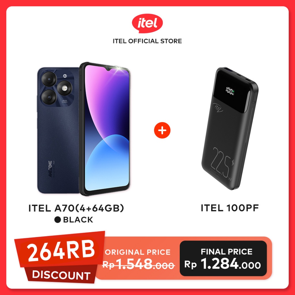 itel Handphone A70 64GB/128GB + TWS / Charger Kabel Type-C ICW-182EC  / Smart Watch 2 ES / Powerbank 100PF Faster Charging 22.5W GARANSI RESMI-A70 64G BK+100PF