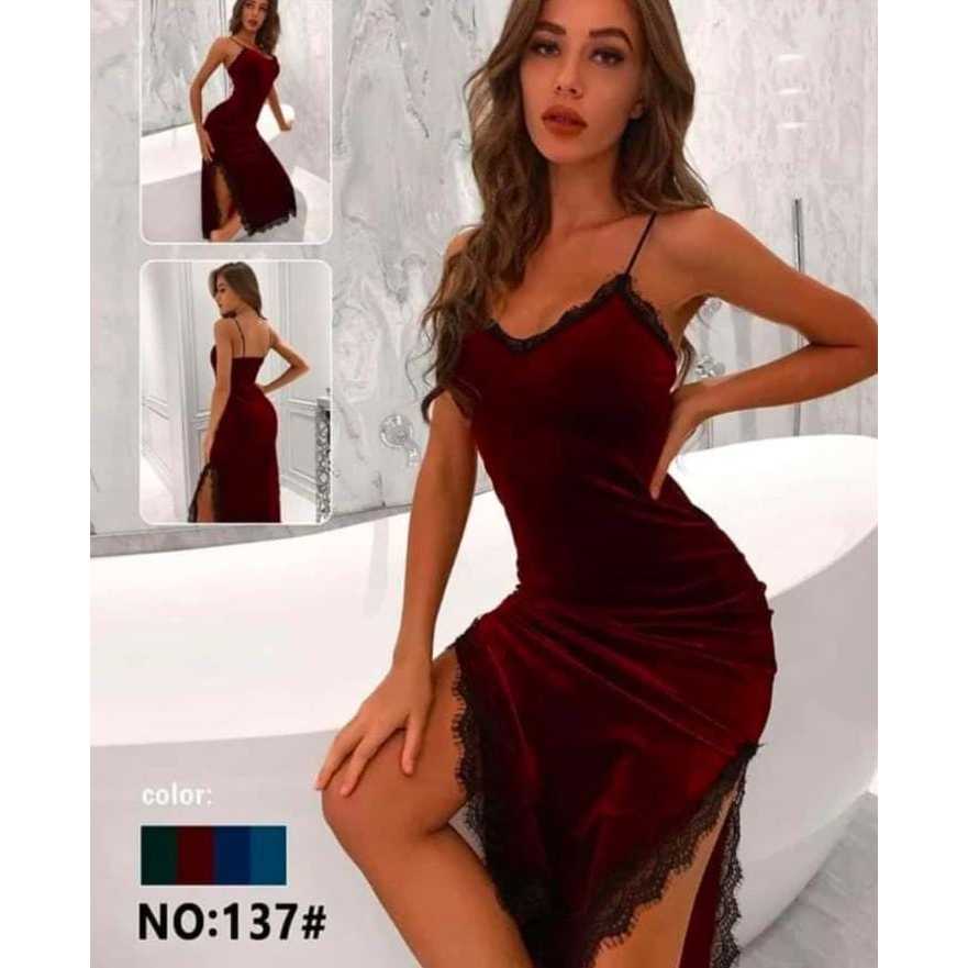 NIGHTIE 278 / Lingerie Dress Malam Bludru Mewah Polos Model Belah Samping
