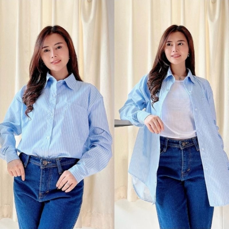 kemeja stripe wanita/stripe shirt/kemeja Korean style oversize