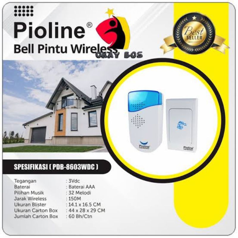 Bel Pintu Tanpa Kabel Wireless Doorbell Pioline (DC / Baterai)