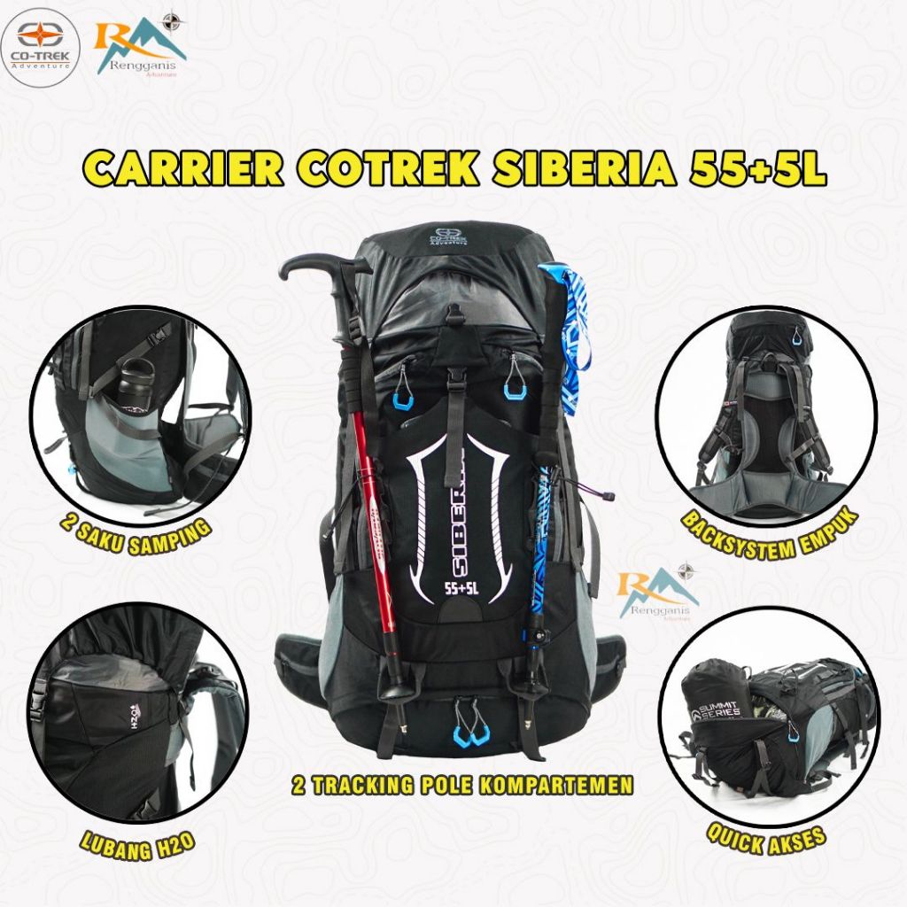 Tas Gunung Carrier Co-Trek New Siberia 55+5L Raincover Tas Pendaki Hiking Camping Outdoor