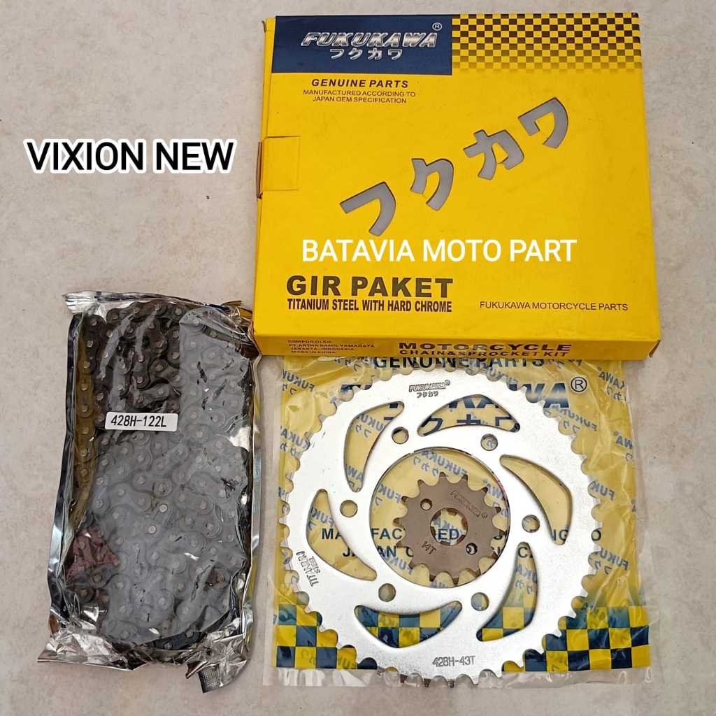 GEAR SET FUKUKAWA YAMAHA VIXION NEW 1PA VIXION NVL VIXION 2013-2015 UKURAN GEAR 428H-122L 43T- 14T