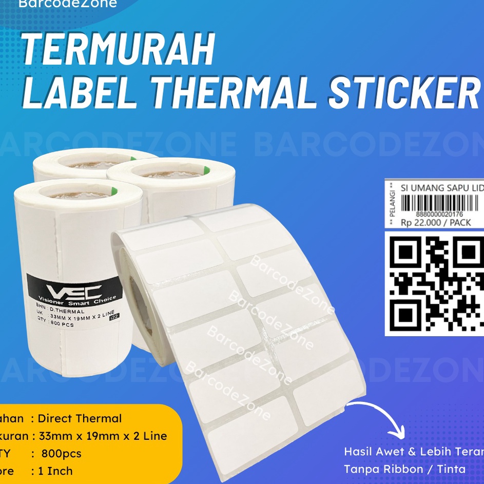 

Paling Murah LABEL THERMAL STIKER 33 x 19 mm STICKER DIRECT THERMAL 33x19 2 LINE BARCODE HARGA TANPA RIBBON
