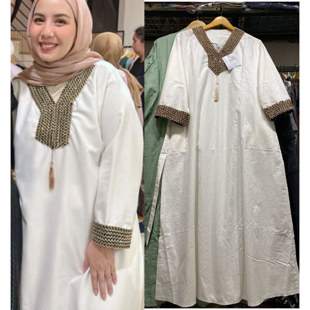 Gamis Katun Linen Bordir Putih Import Murah
