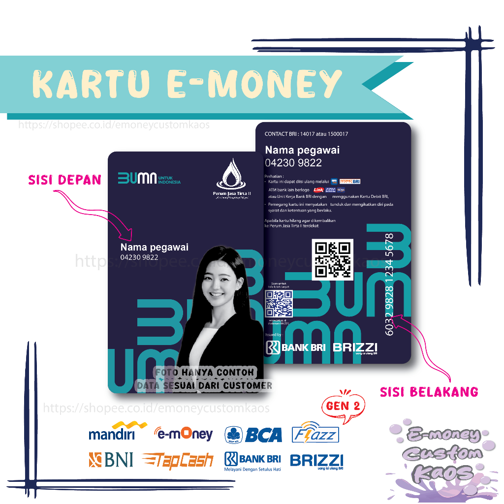 

KARTU EMONEY ID CARD PERUM JASA TIRTA BUMN E MONEY ETOLL MANDIRI FLAZZ BCA GEN 2 BNI TAPCASH BRIZZI BRI NAME TAG - 2 SISI
