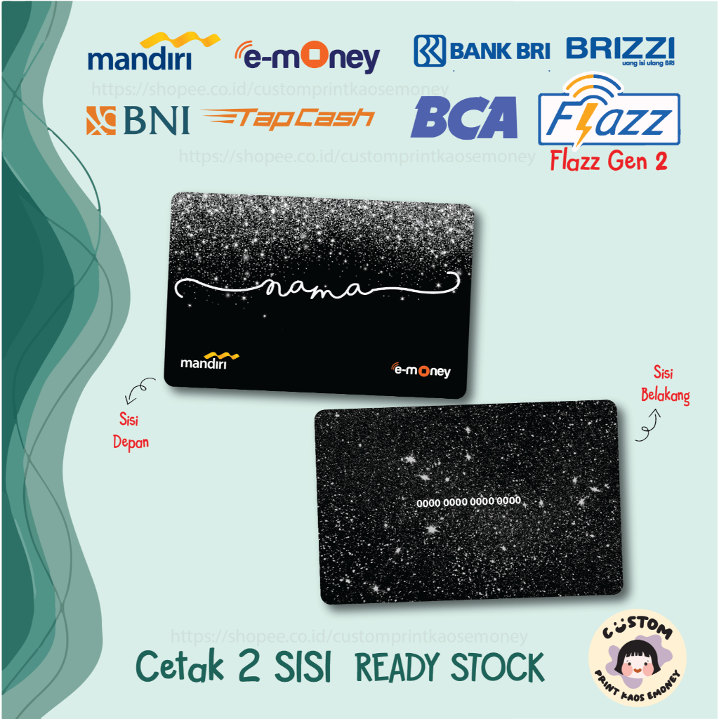 KARTU E MONEY E TOLL CUSTOM NAMA GLITTER WHITE PUTIH BLACK MANDIRI EMONEY BNI TAPCASH BRI BRIZZI FLA