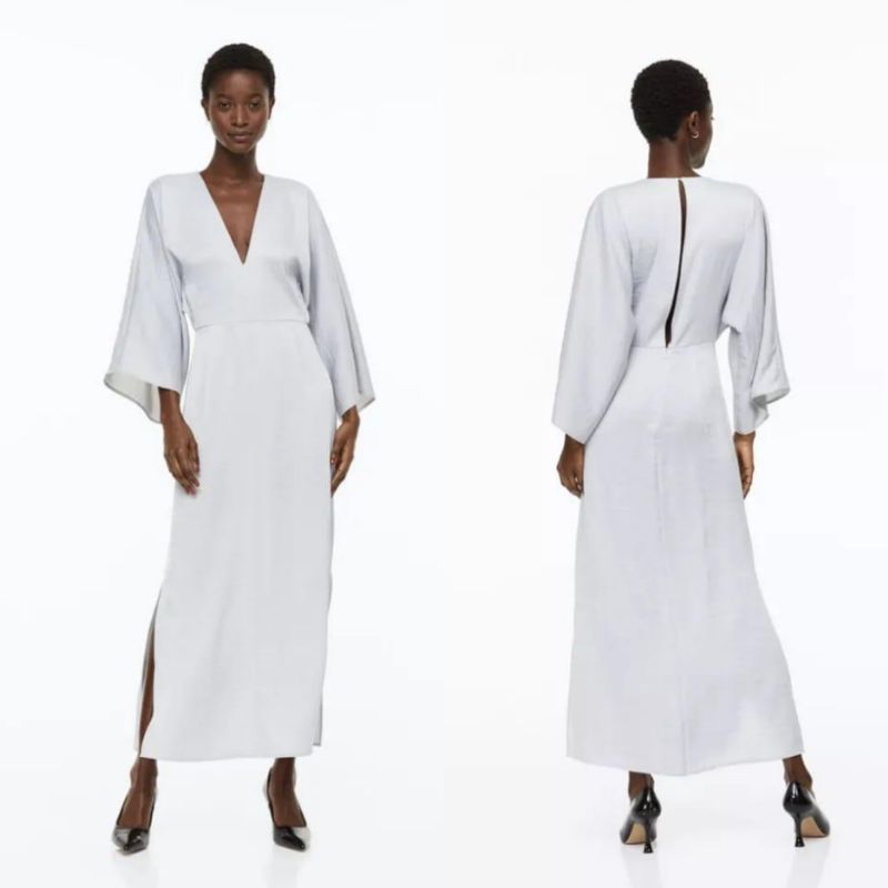 HM H&M HNM V Neck Long dress Satin - Light grey (32-5)