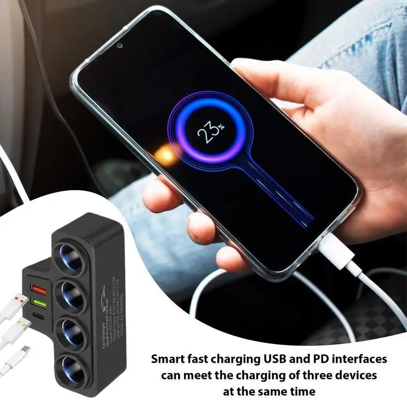 Socket Lighter Mobil Extension 120W 3 USB PD Fast Charger Splitter Cigarette