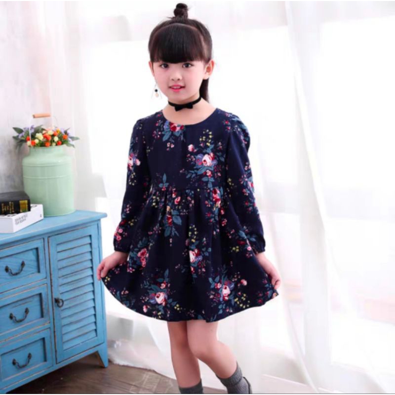 Dress Bunga Vintage Lengan Panjang Bangkok Korean style Premium Import Anak Perempuan
