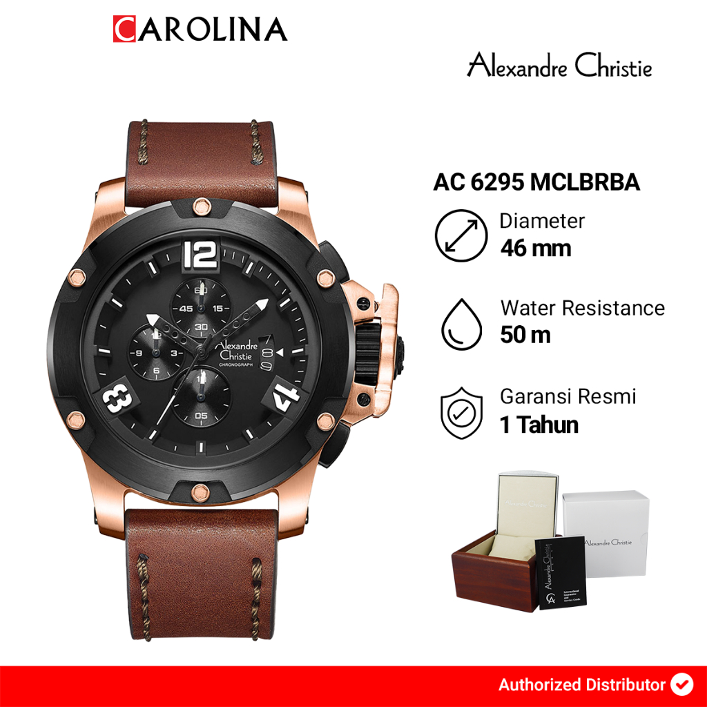 Jam Tangan Pria Alexandre Christie Chronograph AC 6295 MCLBRBA Black Dial Brown Leather Strap