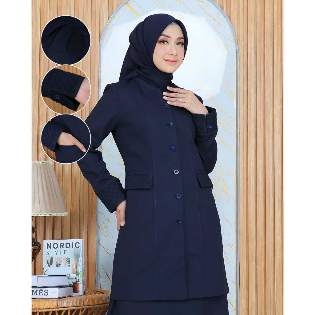 Baju Kerja Dinas Tunik Biru Dongker Model Stik Kotak Wanita Guru/ASN Setelan Rok.A Poliester FRee Hi