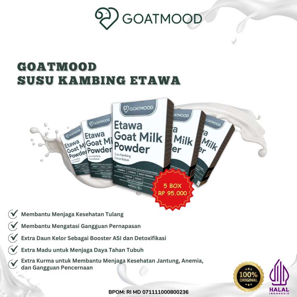 

[PAKET 5 BOX] Goat Mood Milk Susu Kambing Etawa Murni / 485gram / Bantu Atasi Masalah Tulang dan Sendi, Pernafasan, Sebagai Asi Booster, dan Menjaga Imun Tubuh