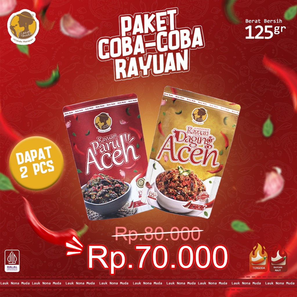 

Nona Muda Lauk Siap Saji - Paket 2 Pcs - Paru Pedas Bumbu Aceh & Daging Rempah Bumbu Aceh - 125gr