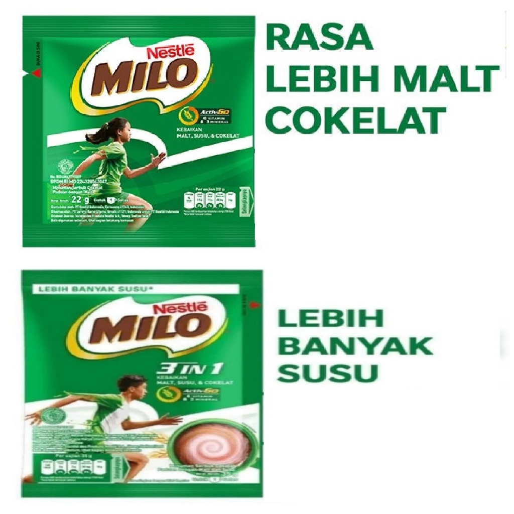 

MILO ACTIVE GO 22GR / MILO 3 IN 1 , SUSU BERENERGI, SUSU INSTANT, SUSU BUBUK RENCENG (ACIVE GO ISI 11 / 3IN1 ISI 10)