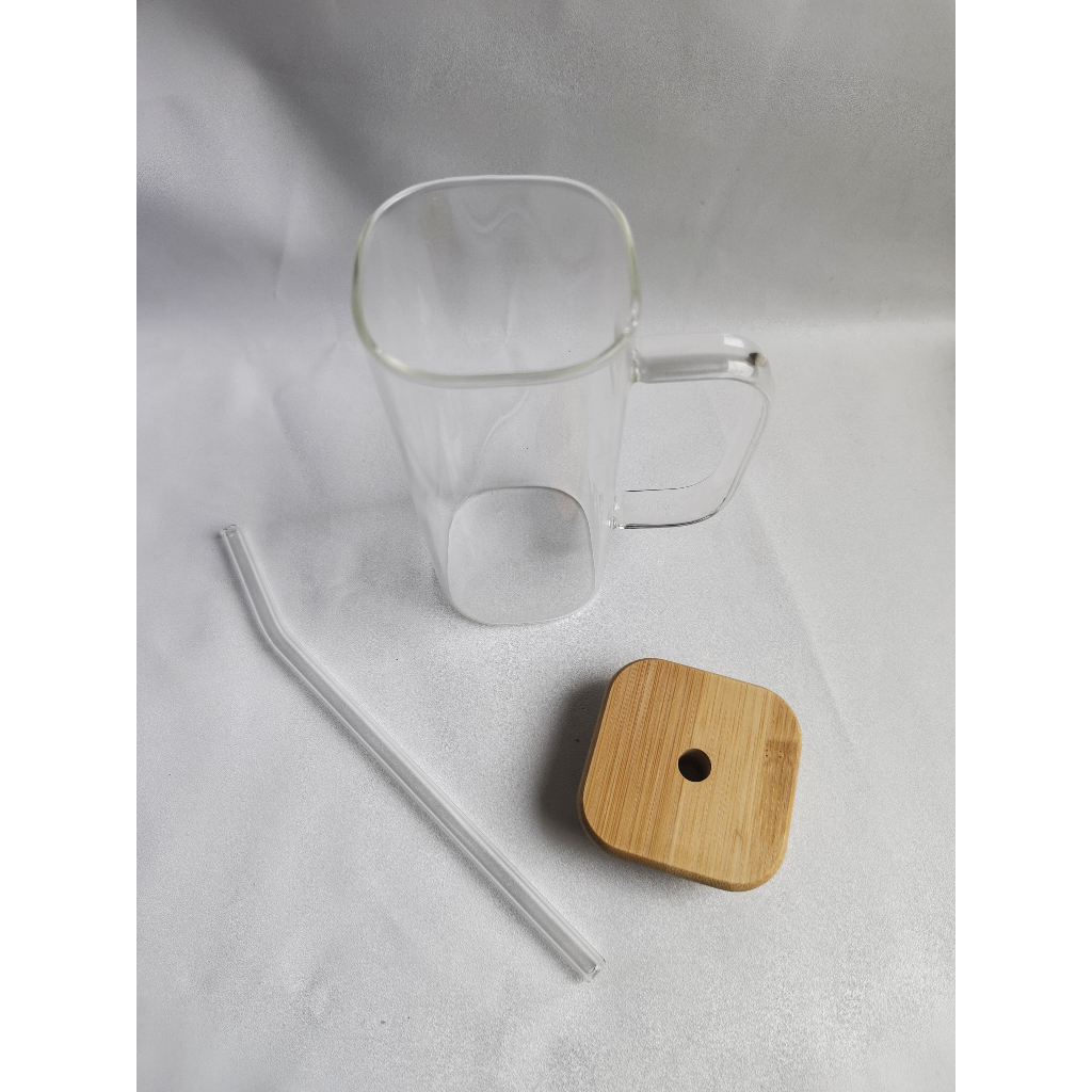GELAS TUMBLER AESTHETIC TUTUP BAMBU DAN SEDOTAN / GELAS MINUM KACA GELAS SUSU / GELAS SEGI PETAK