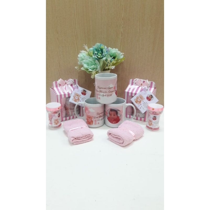 souvenir tasyakuran aqiqah/baby one month/hampers newborn/souvenir mug dan handuk/khitanan/mitoni/4 bulan kehamilan/7 bulanan