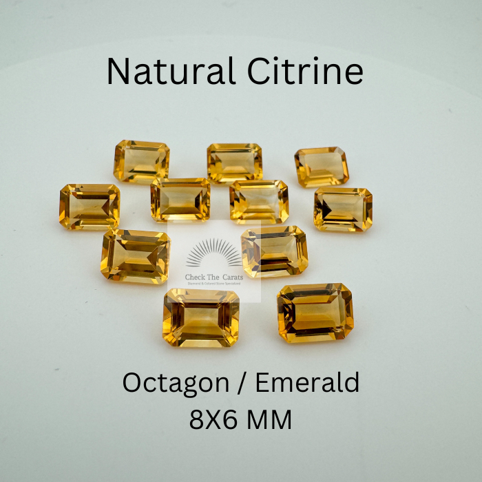 Batu Permata Asli Natural Citrine Bentuk Octagon / Emerald Ukuran 8X6 mm