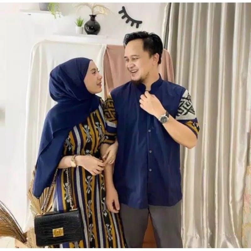 Couple Baju tenun - Couple Baju Kombinasi - Couple Baju Tenun Kuning Navy - Couple Baju Muslim