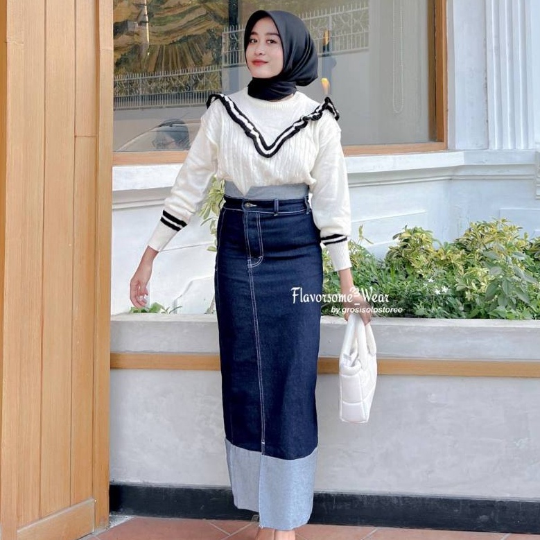 Harga Grosir Two Tone Rok Skrit Jeans Highwaist Wanita Streach