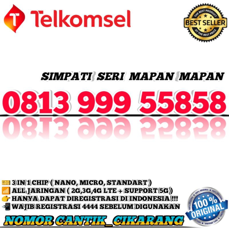 NOMOR CANTIK SIMPATI  KARTU PERDANA NOMOR CANTIK TELKOMSEL  NOMOR CANTIK SIMPATI SERI 5858 TRIPEL 99
