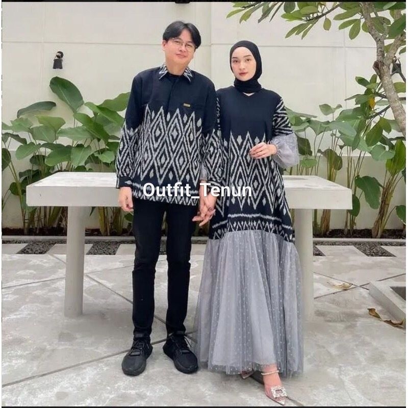 Set Couple Niken Dress Hitam Abu baju tenun pasangan pria wanita kondangan prewedding guru kartinian