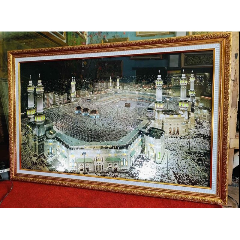 Hiasan dinding Mekah lampu menyala 75*100 besar plus pigura