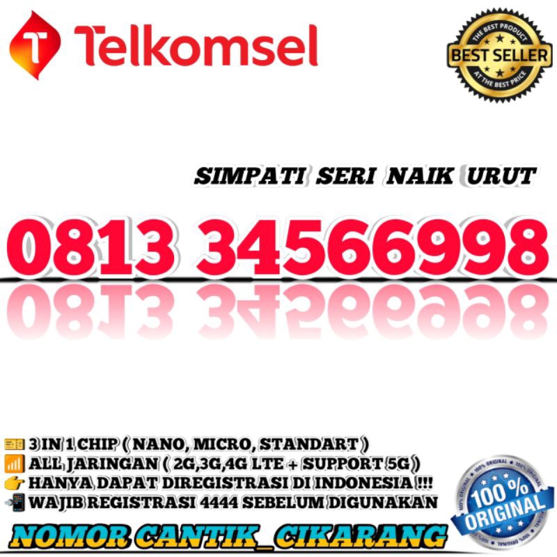 NOMOR CANTIK SIMPATI  KARTU PERDANA NOMOR CANTIK TELKOMSEL  NOMOR CANTIK SIMPATI SERI NAIK 3456 4567