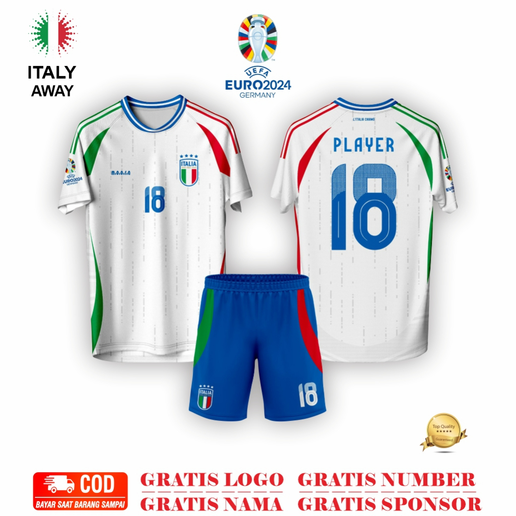 EURO 2024 - JERSEY BOLA ITALY/ITALIA PUTIH AWAY TERBARU PREMIUM CUSTOM NAMA READY SIZE ANAK & DEWASA