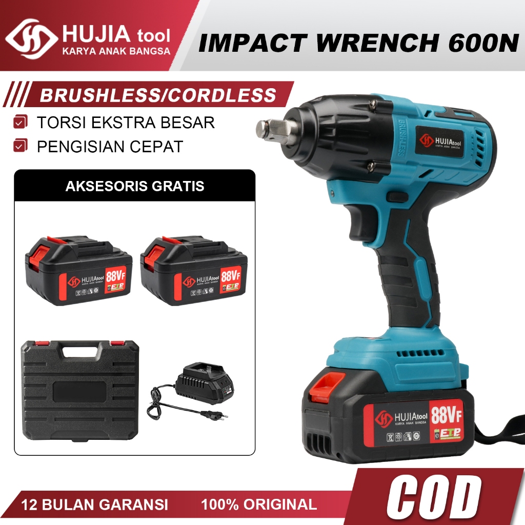 HUJIA Impact Wrench Cordless 600n.M Impact Baterai 88vf Brushless Impact Murah Promo Impek Buka Baut