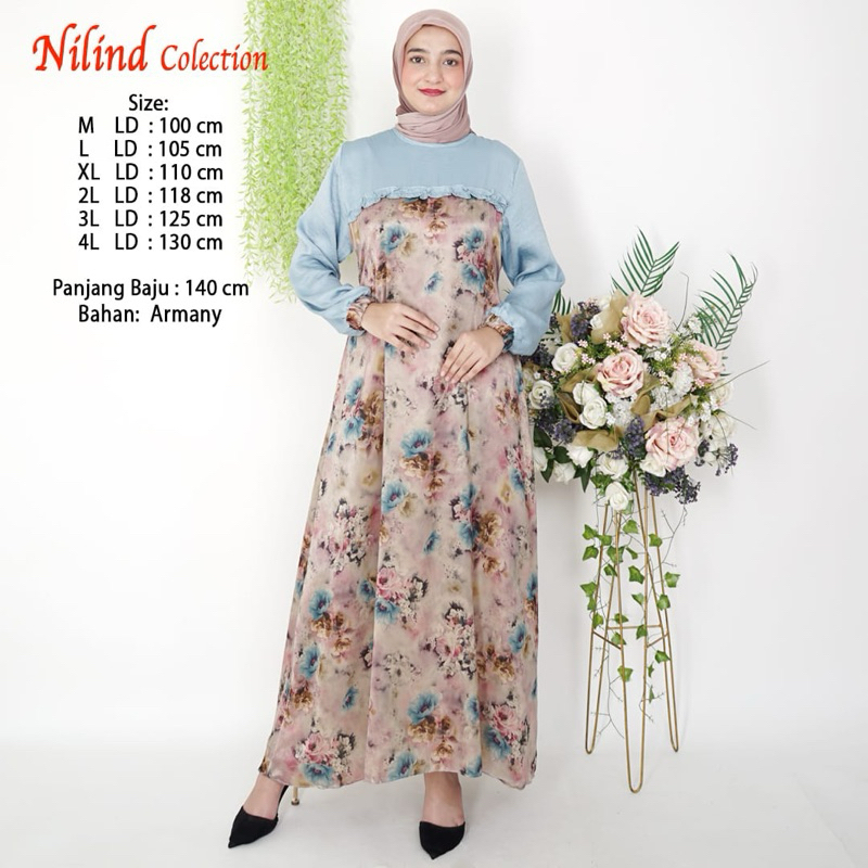 Gamis Armani Silk Premium | Gamis Kombinasi Armani Santorini | Gamis Biru Wardah M L XL XXL XXXL 4L
