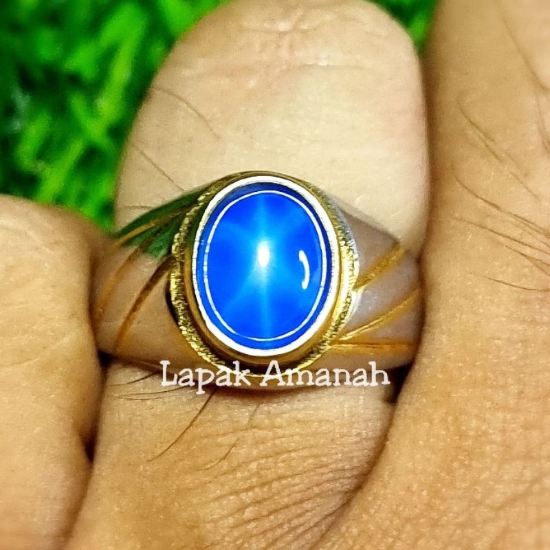 Cincin Batu Pria Blue Safir Star Minimalis Kualitas Super Blue Sapphire