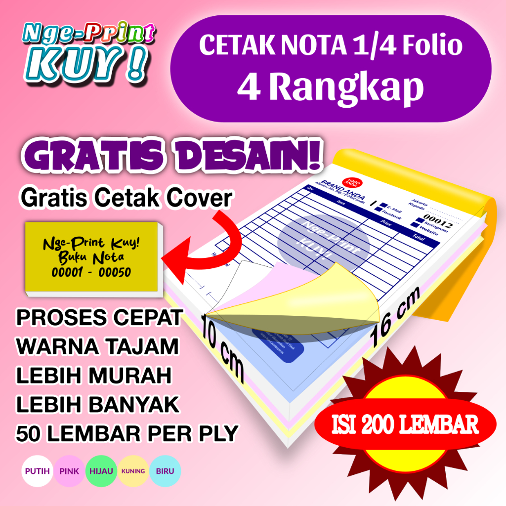 

[TERMURAH] Cetak Nota/Kwitansi/Bon - 1/4 Folio - 4 Rangkap/Ply Faktur/Surat Jalan/Formulir