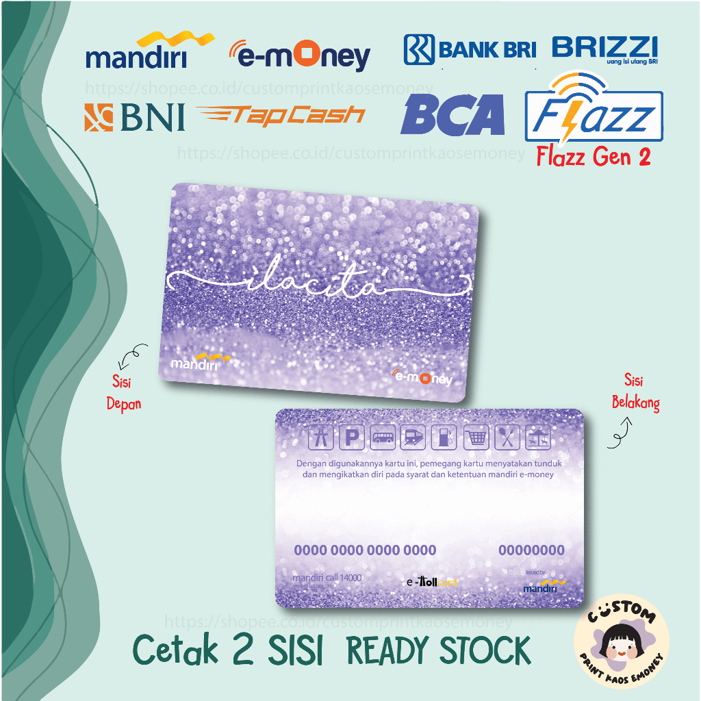 KARTU E MONEY E TOLL CUSTOM NAMA WHITE PUTIH GLITTER PURPLE MANDIRI TAPCASH BRIZZI FLAZZ GEN2 2 SISI