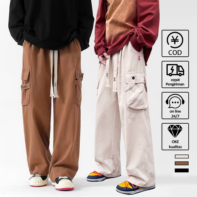 Celana Cargo Panjang Pria coklat celana cargo jumbo pinggang karet celana olahraga pria banyak kanto