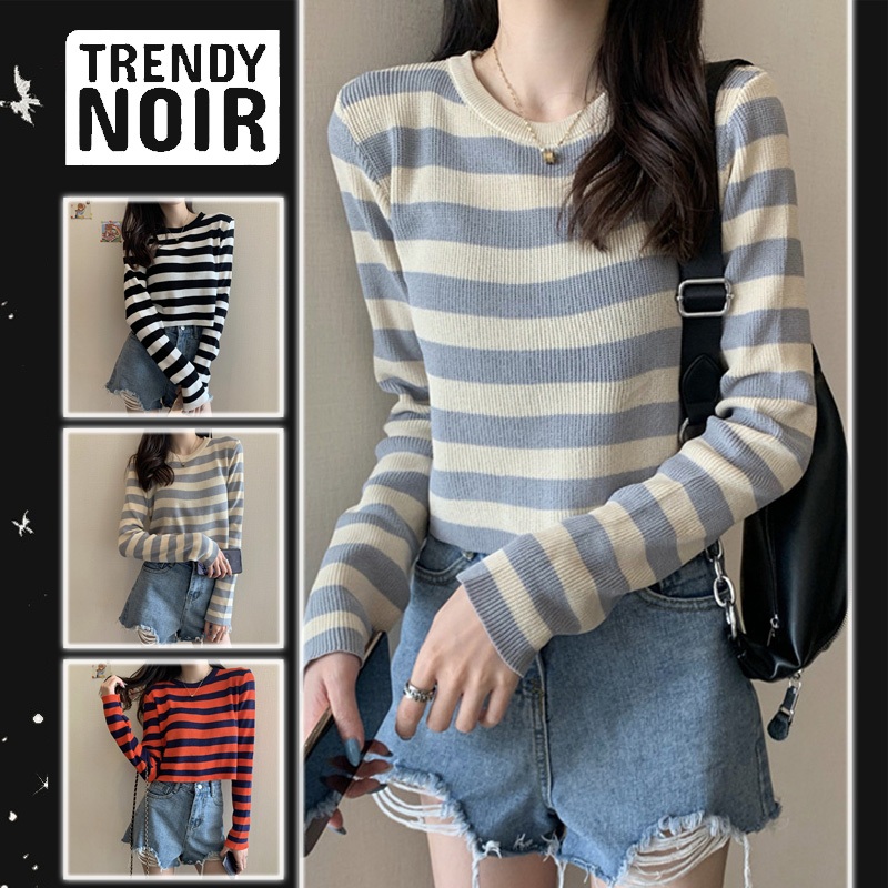 TRENDY NOIR SWEATER RAJUT LEHER BULAT CROP TOP MOTIF GARIS JOLY