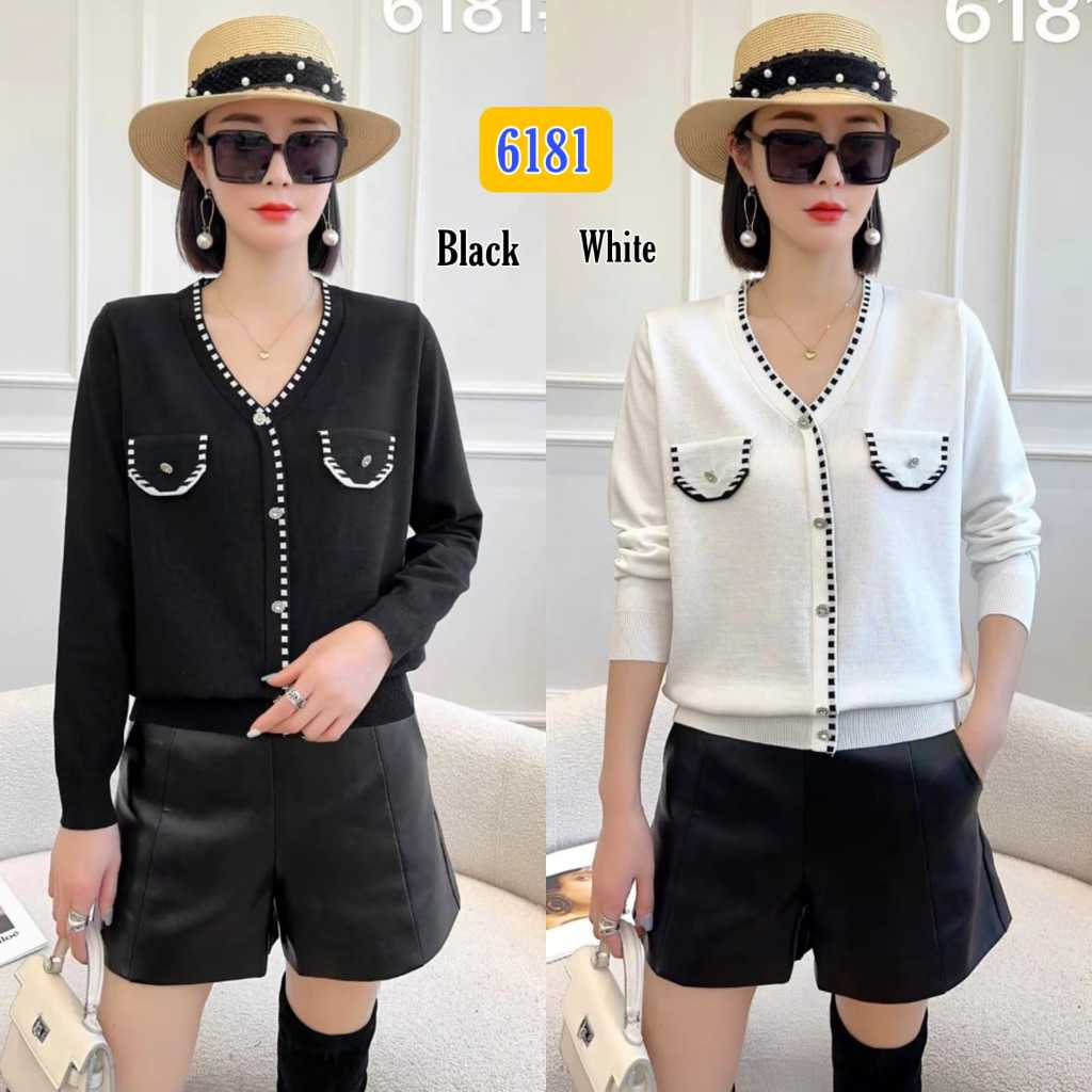 Blouse Panjang Rajut Kombinasi Lis 6181/ Atasan Model Korea / Baju Wanita Lengan Panjang Rompi Rajut