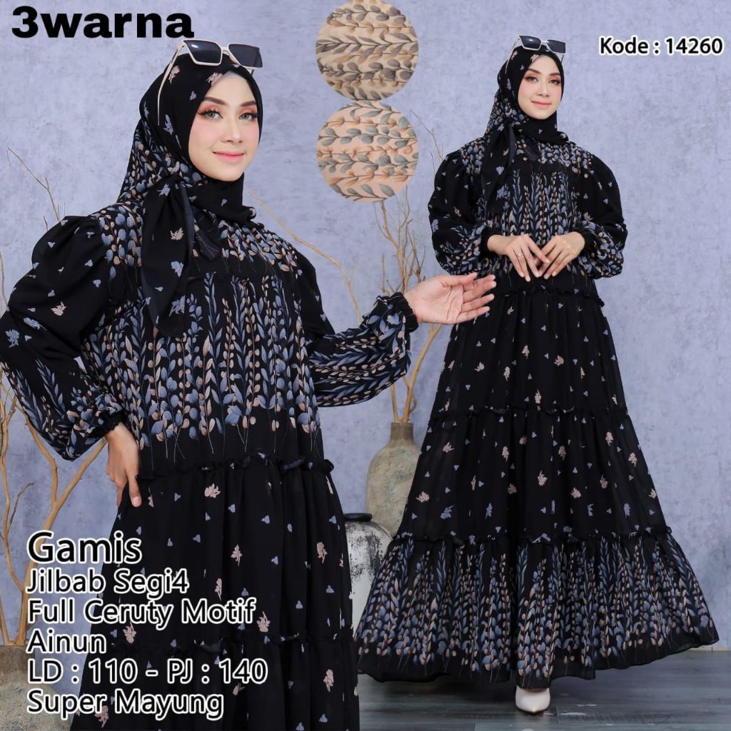 KD 14260 (isi 2) ASYA Gamis Full Ceruty Motif Ainun Jilbab Segi Empat Lebar Super Mayung Syari Premium Cantik Muslimah Busui