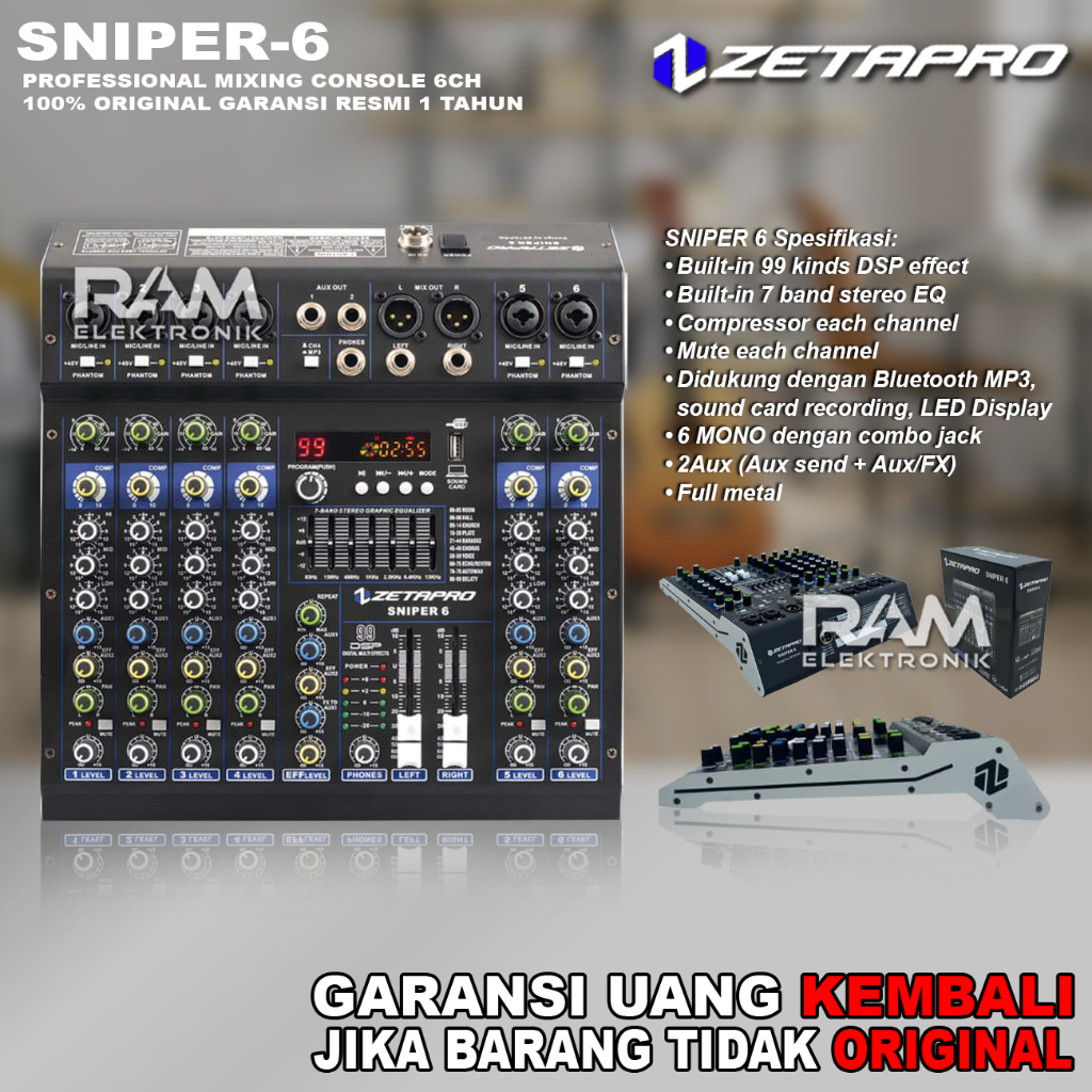 Mixer 6 Channel ZETAPRO SNIPER 6 | SNIPER6 Bluetooth USB Soundcard Original