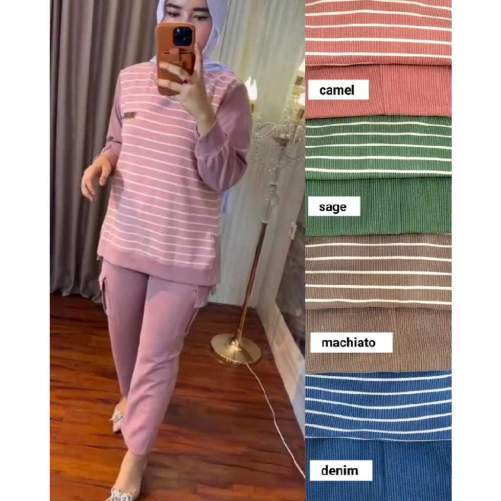ONE SET CELANA CARGO KNIT GARIS-GARIS MIX RAJUT POLOS PREMIUM KOMBINASI SETELAN SALUR WANITA OVERSIZ
