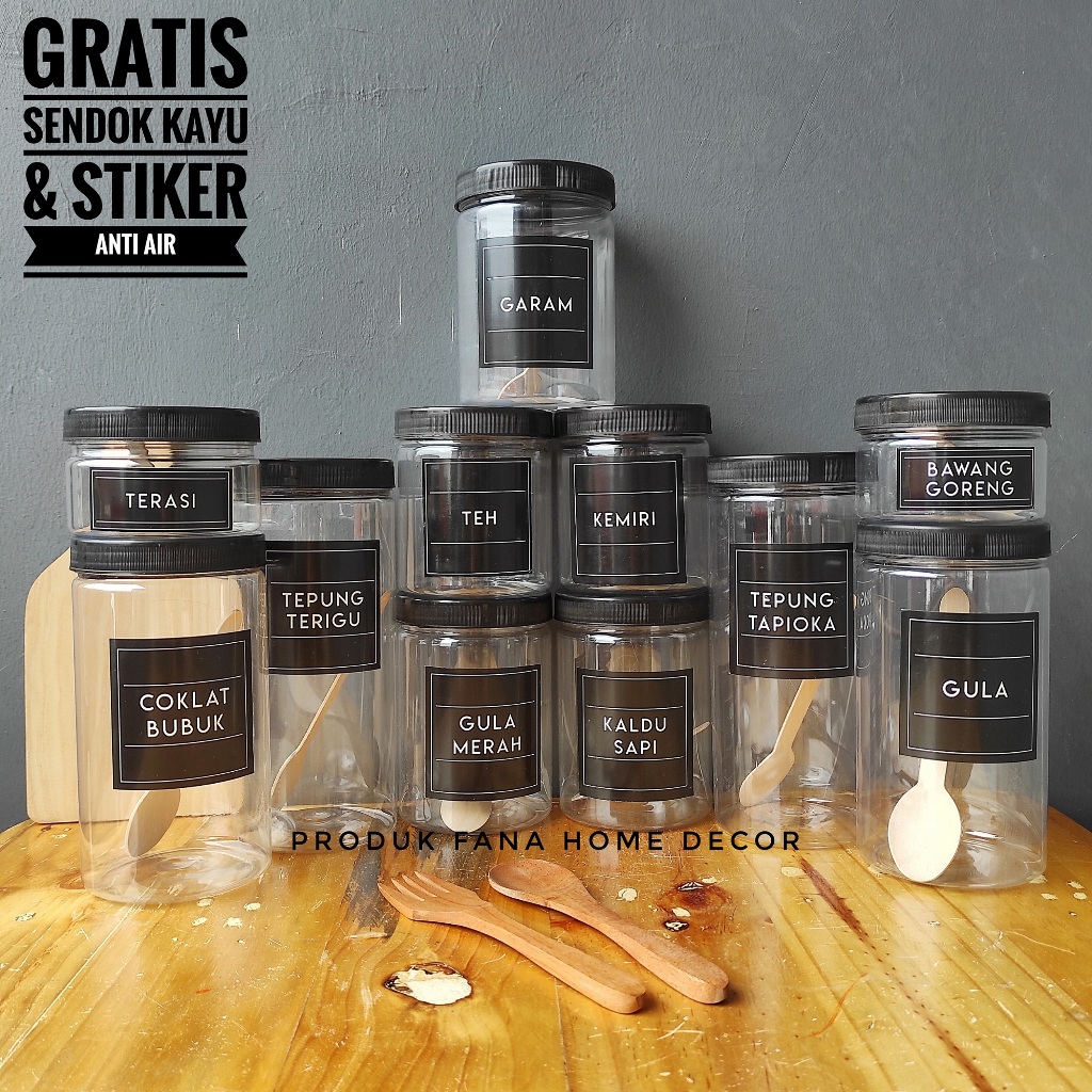 TOPLES BUMBU DAPUR TUTUP HITAM (PLASTIK) 11 PCS PAKETAN MODEL MINIMALIS FREE SENDOK KAYU DAN LABEL S