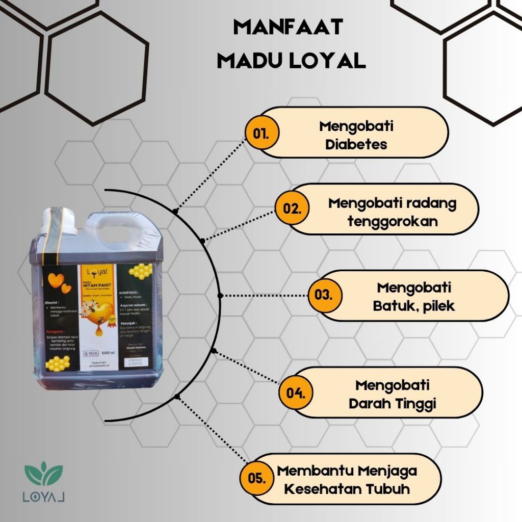 

Madu Hitam Pahit Loyal Premium plus Sambiloto - Propolis - Daun Insulin 1kg Asli