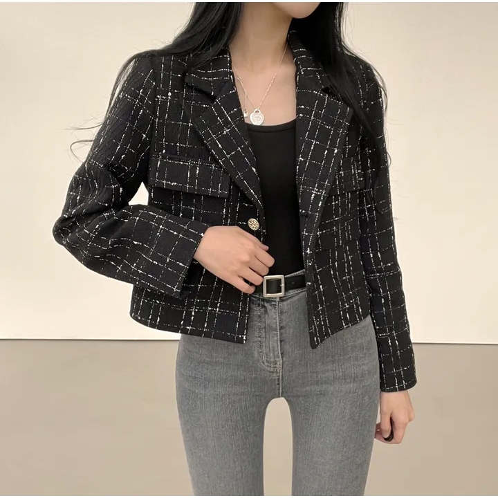 Jaket Terbaru Wanita Korean Style Tweed Outer Kotak-kotak Hitam Kardigan Crop Lengan Panjang Baju At
