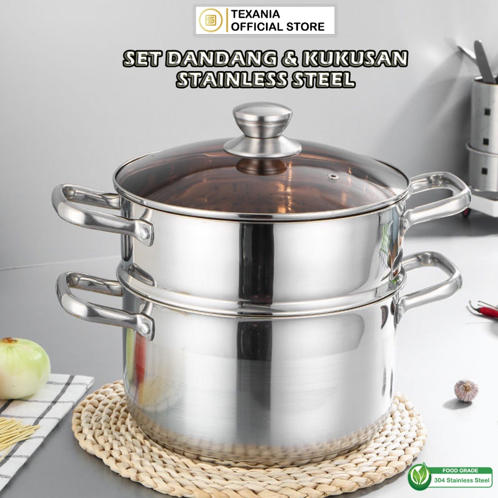 TEXANIA Panci soup 24cm Set Dandang dan Kukusan 2 Susun Full Stainless Steel