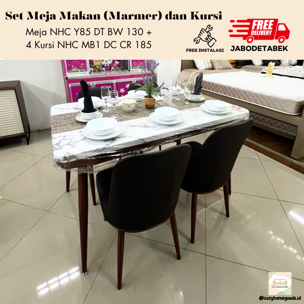 Meja Makan Marble dan 4 Kursi - Set Meja Makan Kursi BW 130
