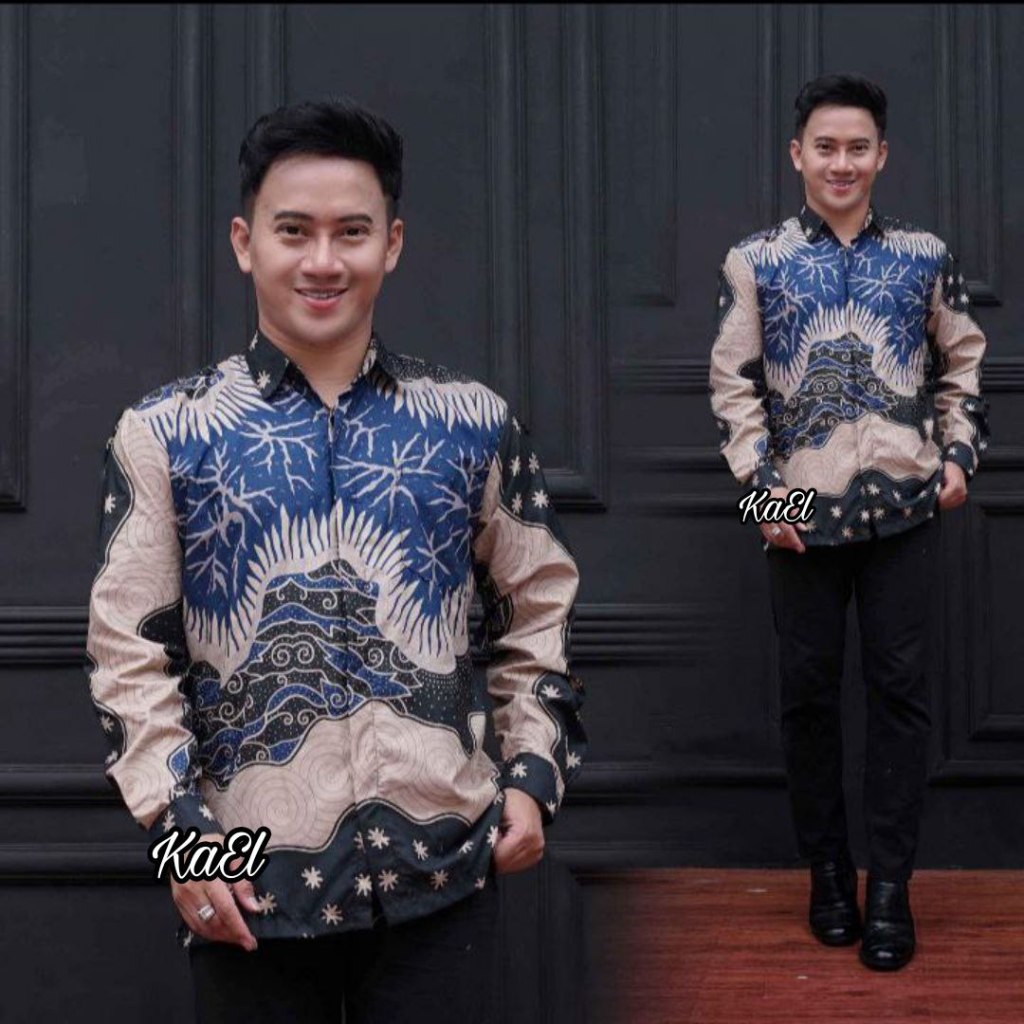 Fairyrozi Couple Sarimbit Batik Rumput Laut Biru Tunik Wanita & Kemeja Lengan Panjang Bahan Premium