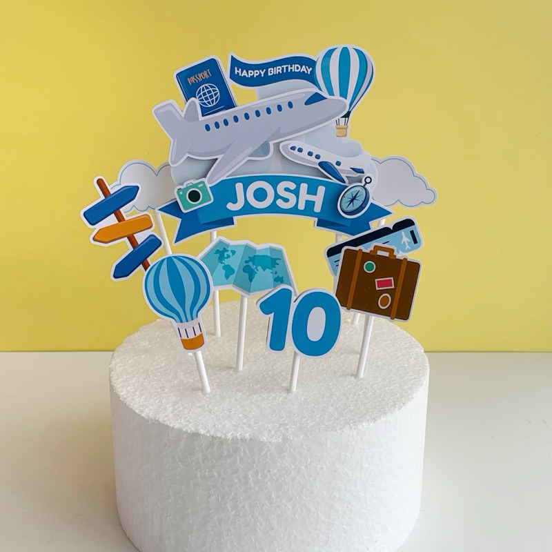 Cake Topper 3D Karakter Pesawat Terbang Air Plane Travel Traveling Air Transportation Balon Udara Hi