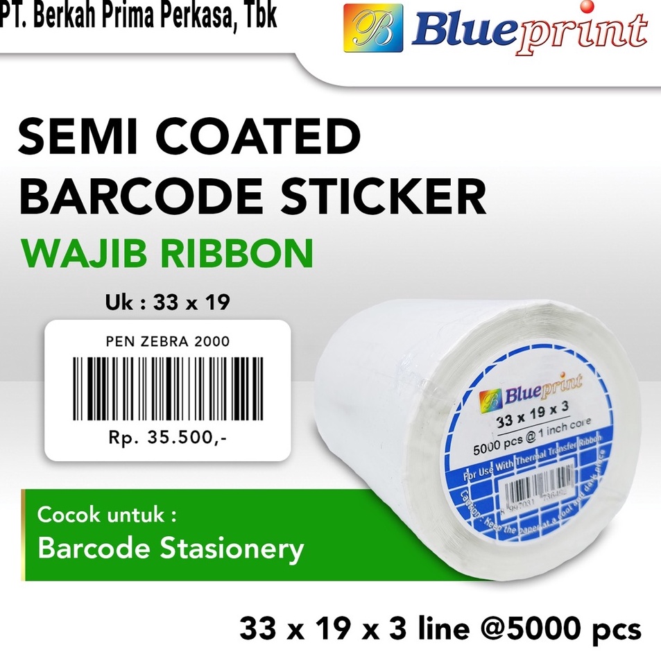 

Banyak Dicari Sticker Barcode 33x19 mm 3 Line Semicoated BLUEPRINT Stiker Label 33 x 19 x 3 Core 1 isi 5 Pcs